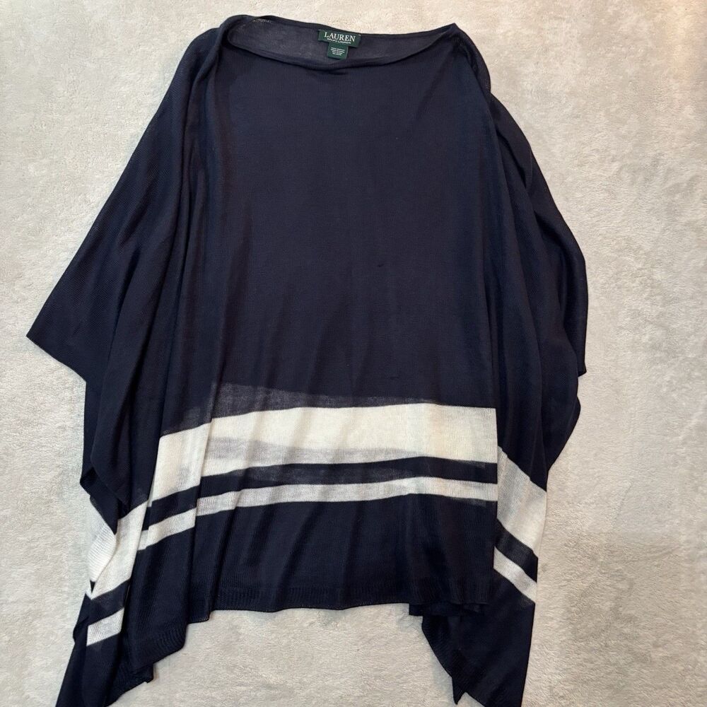 Lauren Ralph Lauren Blue White Stripped 100% Acrylic Poncho Wrap One Size